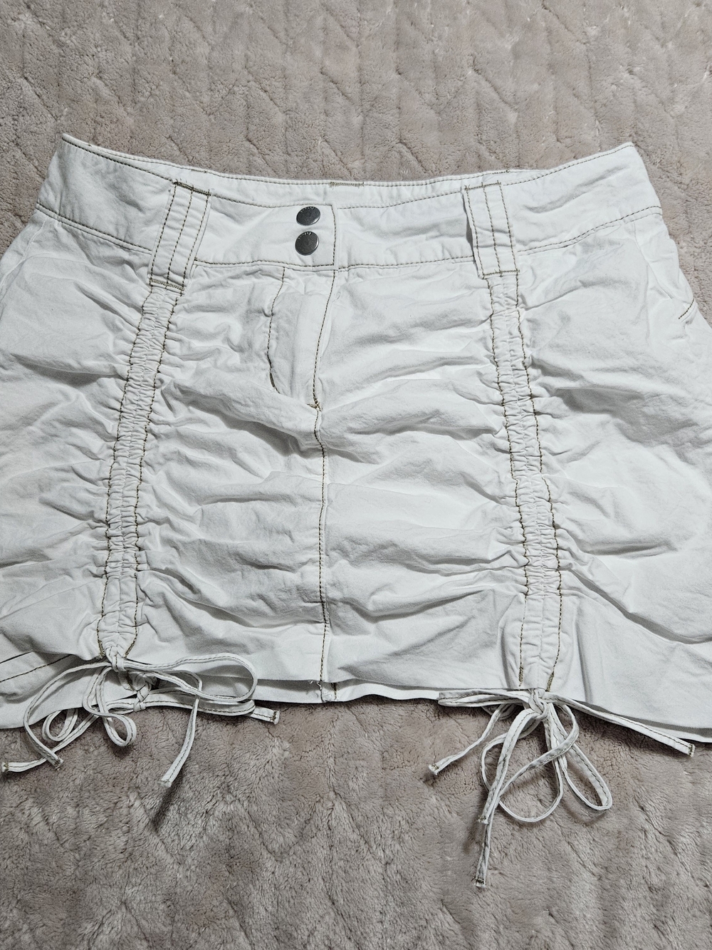 Garage White Ruched Drawstring Skort with Double Button Waist